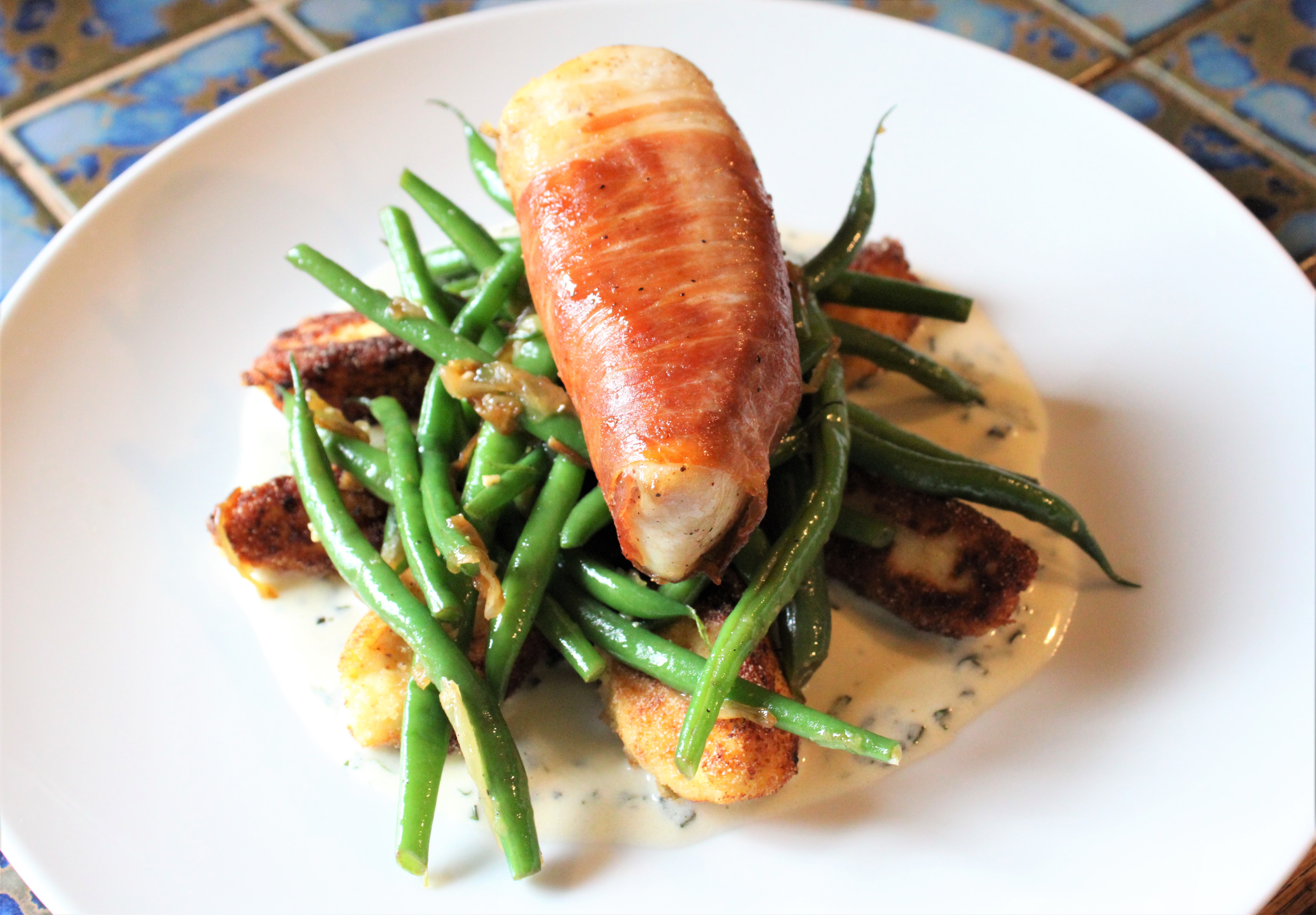 Prosciutto Wrapped Ono with Crispy Gnudi